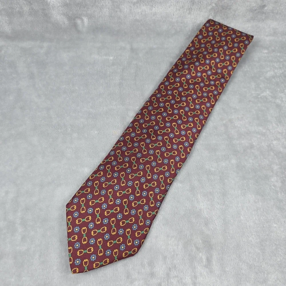 Brooks Brothers Maroon Blue Yellow Horse Bit Flower Motif Silk Tie‎ Equestrian